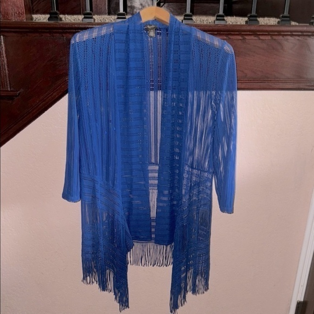 Travelers Collection Chicos Size Medium Womens Royal Blue Fringe Open Cardigan